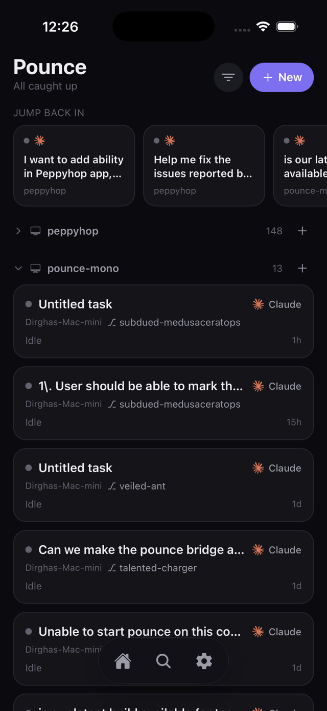 Pounce home — every coding agent across all your machines, on one screen