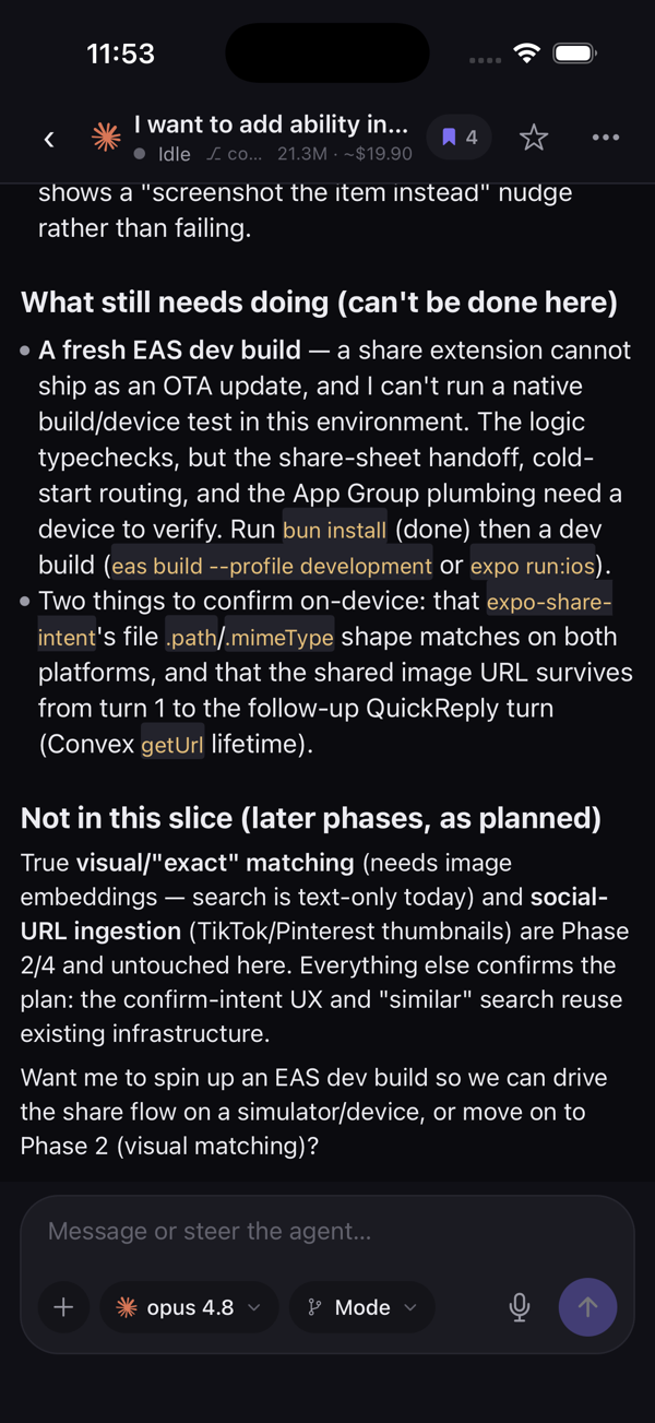 Live agent session — reasoning, tool calls, diffs and terminal output streaming in real time